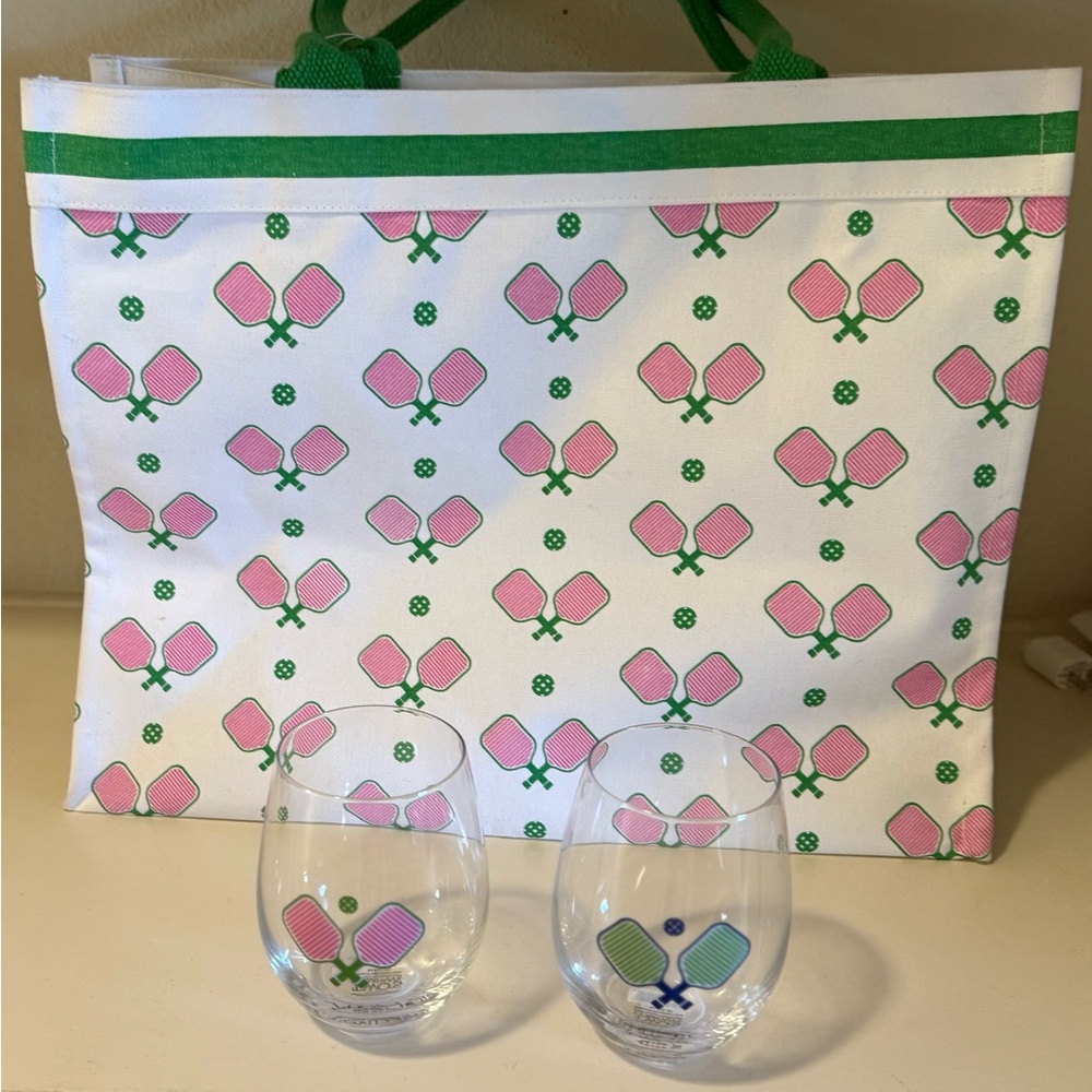 Pickleball Themed Tote Bag and Glass Set